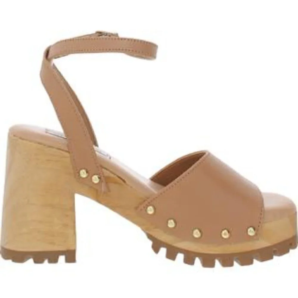 Steve Madden Ocala Tan Leather Ankle Strap Squared Open Toe Studded Wood‎ - Picture 7 of 8